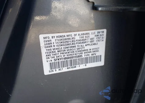 2009 Honda Pilot Ex-L из США, поврежденный, VIN 5FNYF48689B035885